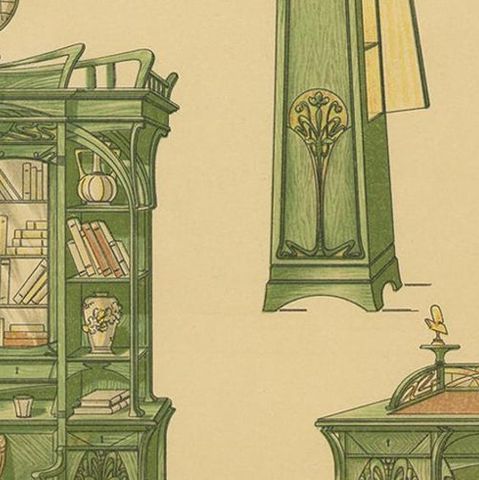 Pl 53 Antique Print of Library Furniture by Kramer, 'circa 1910', close-up 2