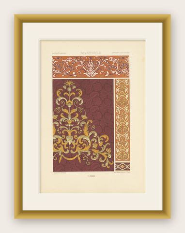 Pl. 73 Antique Print of XVIth and XVIIth Century Ornaments by Racinet circa 1890, shown framed