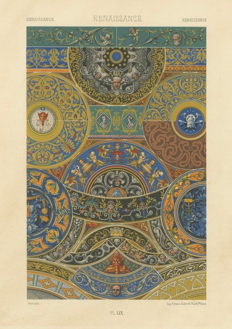 Renaissance Ceiling Ornament, Antique Decorative Print, Plate LIX, 1869, close-up 5