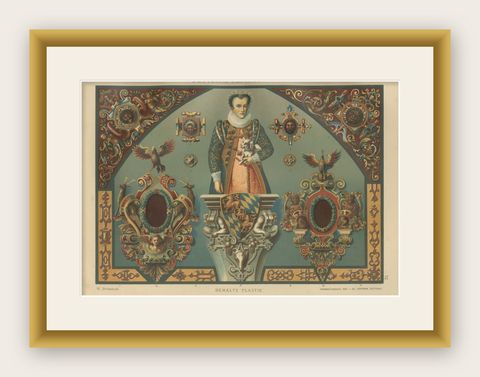 German Renaissance Painted Sculpture Print by Dolmetsch, Ornamentenschatz, 1887, shown framed