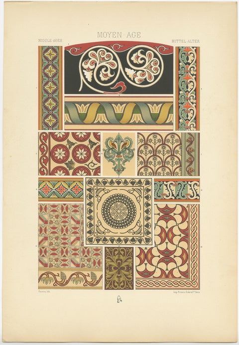 Pl. 46 Antique Print of Mosaic and Painted Ornament by Racinet, circa 1890, view 3