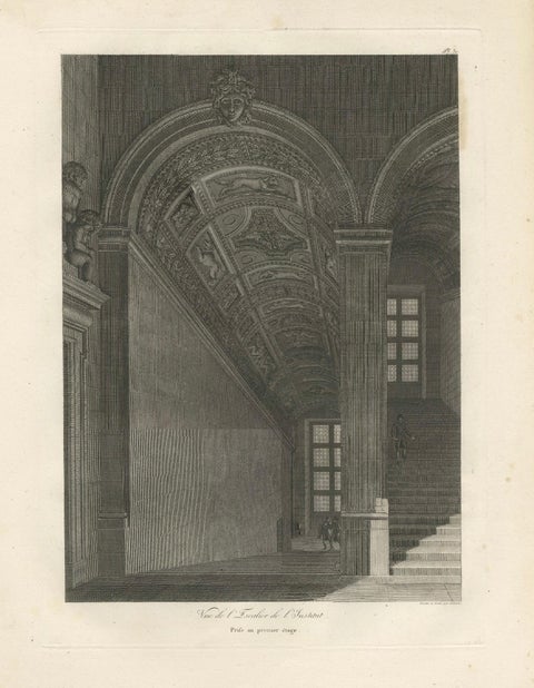Antique Institut de France Grand Staircase Interior Print, Baltard 1803, close-up 1