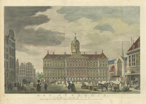 Hand-Colored 1765 Engraving of Amsterdam Royal Palace and Dam Square, 1765, close-up 1