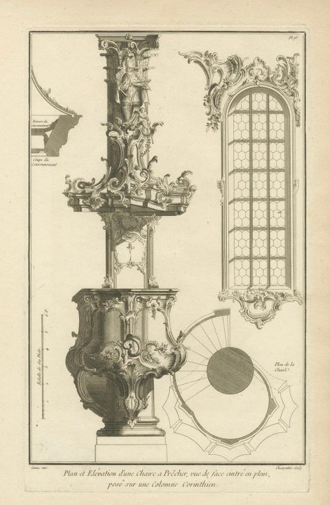 Old Baroque Pulpit Design with Corinthian Column and Staircase Plan, ca.1740, close-up 4