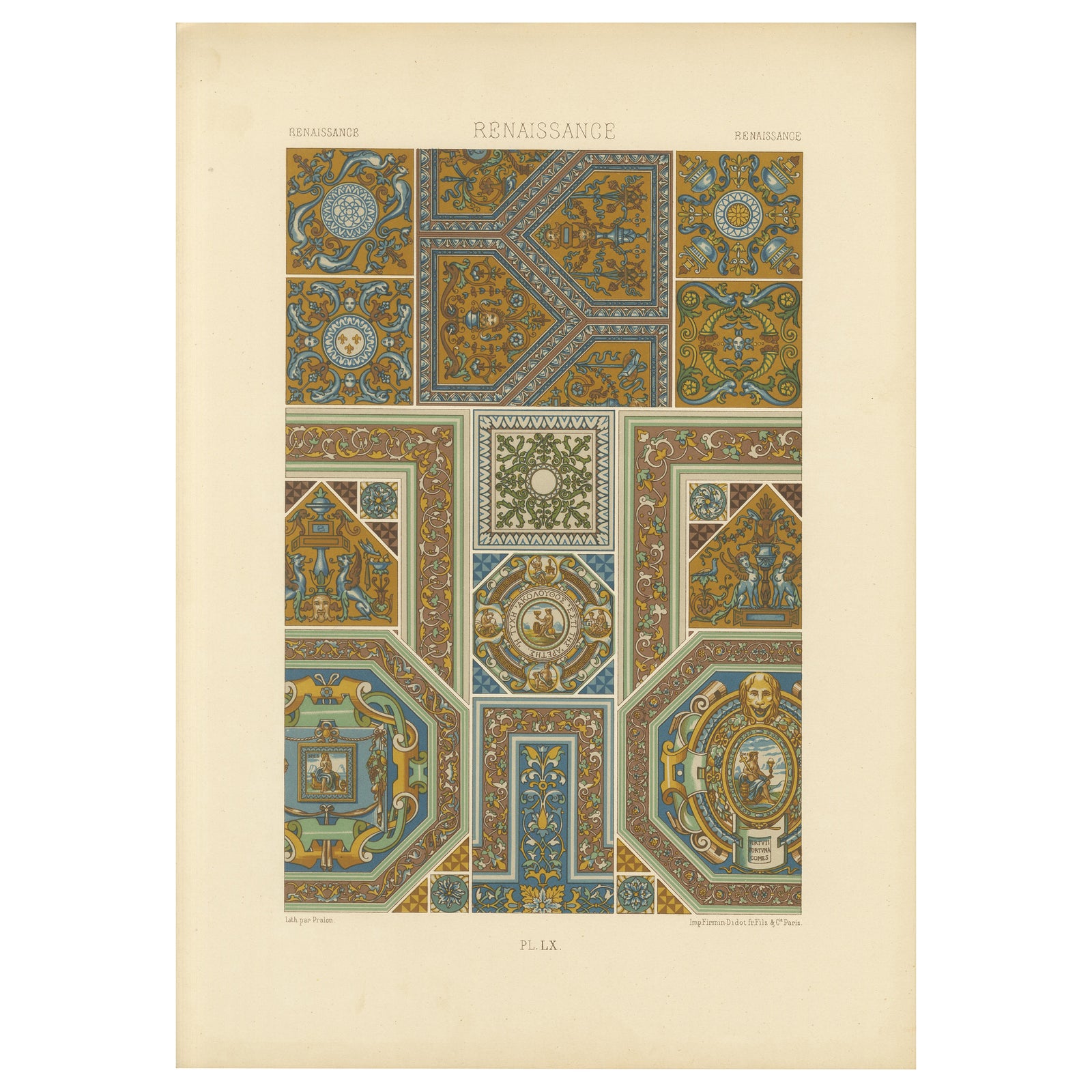 Renaissance Ceiling Designs, Antique Architectural Print, Plate LX, 1869