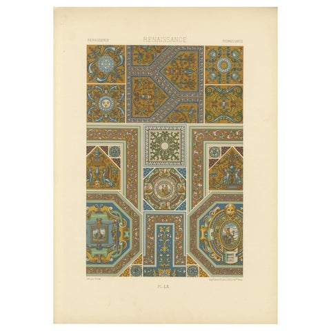 Renaissance Ceiling Designs, Antique Architectural Print, Plate LX, 1869