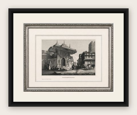 Constantinople Street Scene, Antique Print, Ottoman Fountain, 1850, shown framed