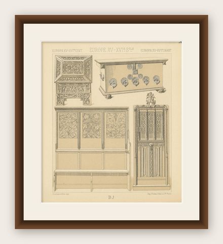 Pl 35 Antique Print of European 15th-16th Century Furniture by Racinet, shown framed