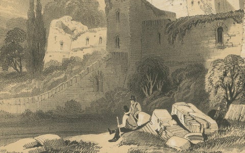 Old Print of an Idyllic Scene at the Historic Ruins of Rochester Castle, England, close-up 2