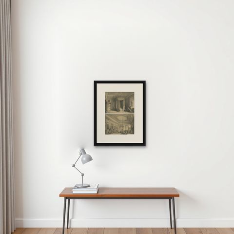 Set of Two Antique Prints of Warwick Castle by Hanhart 'circa 1850', shown framed on a wall, true to size