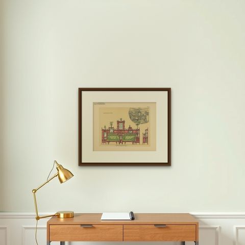 Pl. 8 Antique Print of Salon Furniture by Kramer 'circa 1910', shown framed on a wall, true to size