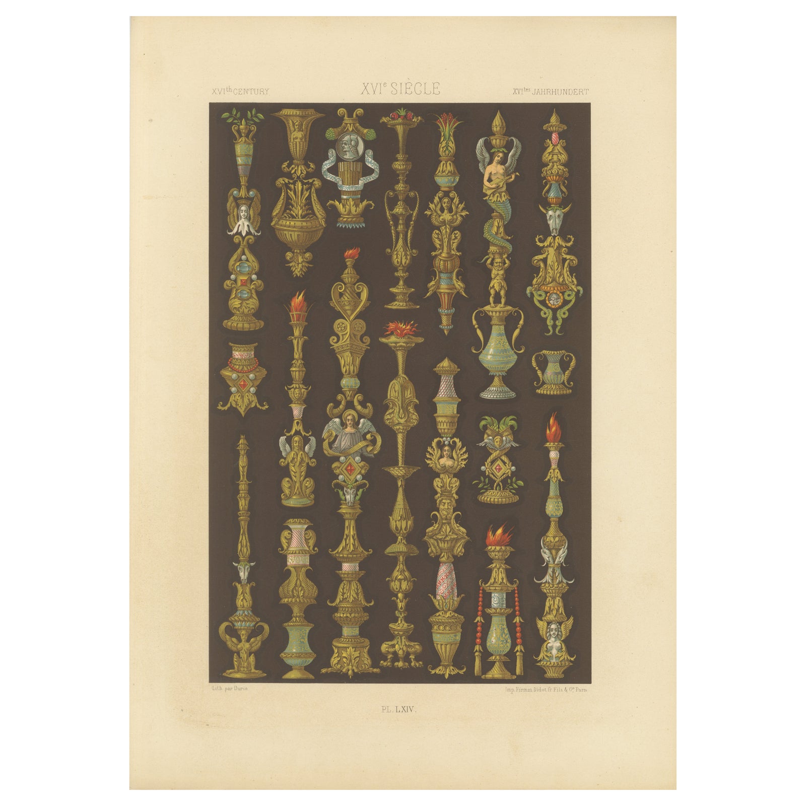 Renaissance Ornament Print, 16th-Century Candlestick and Urn Designs, 1869