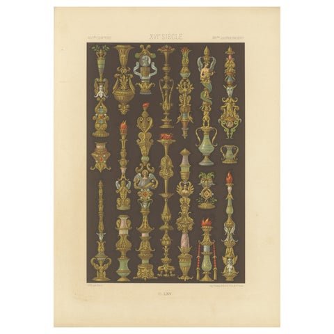 Renaissance Ornament Print, 16th-Century Candlestick and Urn Designs, 1869