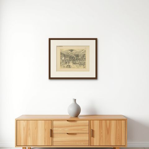 Decorative Antique Print of a Library, Published circa 1910, shown framed on a wall, true to size