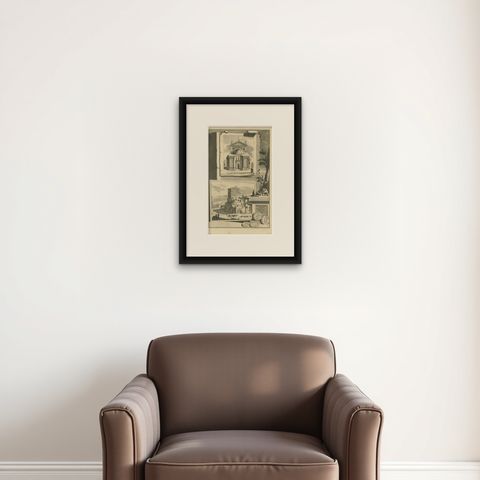 Antique Print of the Temple of Romulus in Rome, Italy C.1705, shown framed on a wall, true to size