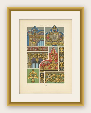 Pl. 85 Antique Print of Renaissance Architectural Motifs by Racinet 'circa 1890', shown framed