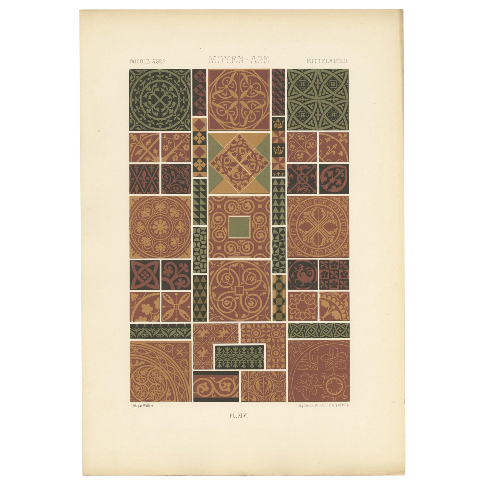 Pl. 46 Antique Print of Middle Ages Ornaments by Racinet, circa 1890