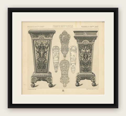 Pl. 94 Antique Print of French 17th Century Decoration by Racinet, circa 1880, shown framed