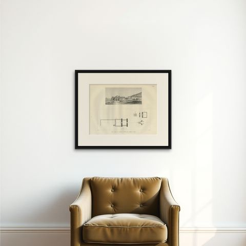 Temple Ruins at Thebes with Architectural Plan, Egypt, Antique Engraving, c.1802, shown framed on a wall, true to size