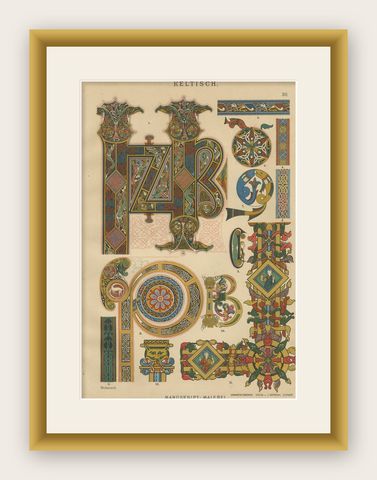Celtic Manuscript Illumination Print by H. Dolmetsch, Germany ca. 1887, shown framed