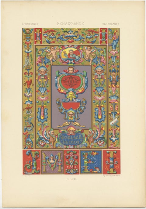 Pl. 63 Antique Print of Renaissance Ornaments by Racinet, circa 1890, view 2