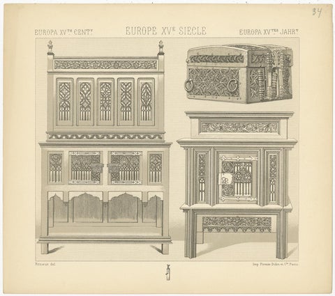 Pl. 34 Antique Print of European 15th Century Furniture by Racinet, circa 1880, view 4