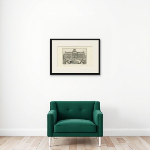 Antique Print of the Large Glass House by Wolff '1738', shown framed on a wall, true to size