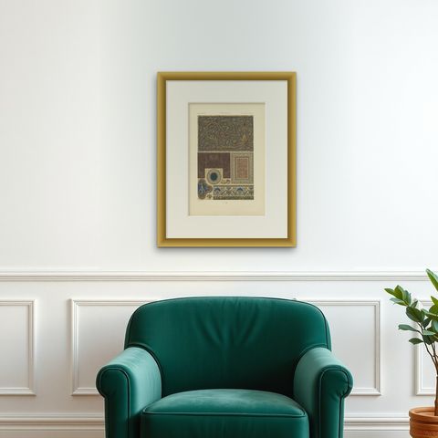 Pl. 74 Antique Print of 17th Century Ornaments by Racinet, 'circa 1890', shown framed on a wall, true to size