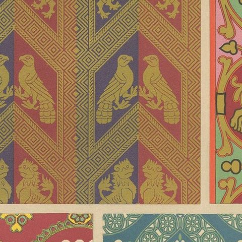 Pl. 53 Antique Print of Middle Ages Design from Textiles by Racinet, circa 1890, close-up 1