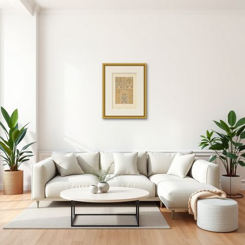 Pl. 65 Antique Print of Russian Ornaments from 14th Century by Racinet, shown framed in a room, true to size