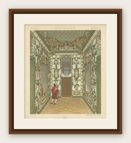 Pl. 183 Antique Print of Spanish Interior by Racinet, 'circa 1880', shown framed