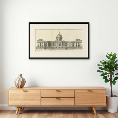Antique Print of the Facade of the Collège des Quatre-Nations by Mariette '1738', shown framed on a wall, true to size