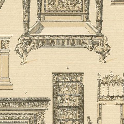 Pl. 48 Antique Print of European XVIth Century Furniture by Racinet, circa 1880, close-up 2
