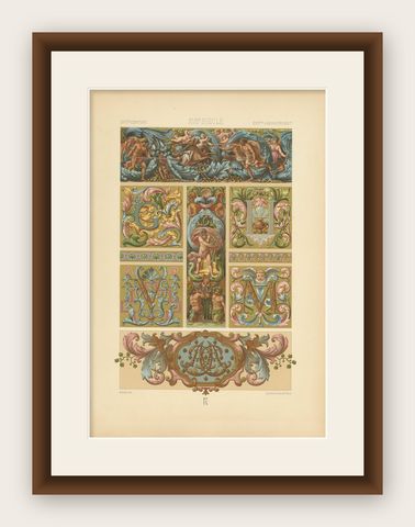 Pl. 111 Antique Print of 17th Century from Interior Decor by Racinet, circa 1890, shown framed