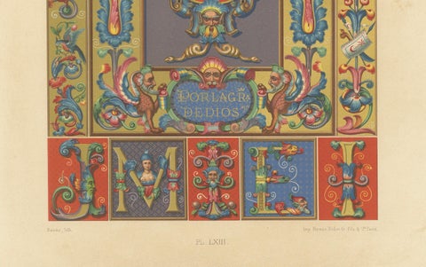 Renaissance Ornament Print, “Por la Gracia de Dios” with Cherubs & Scrollwork, close-up 2