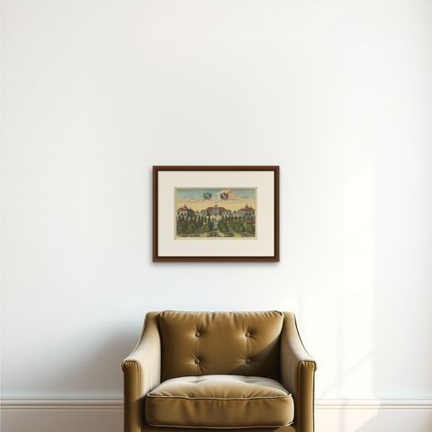 Baroque Splendor: The Östanå Manor in Gränna, 1692 Swidde Engraving, shown framed on a wall, true to size