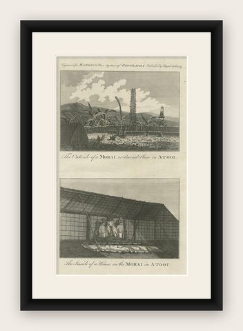18th-Century Engraving of Hawaiian Morai and House Interior, c. 1780s, shown framed