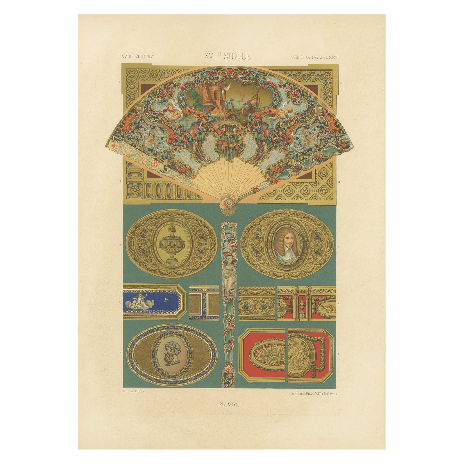 18th Century Decorative Fan and Ornament Designs, French Rococo Details, 1869