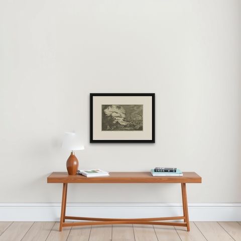 Monuments of Easter Island: An Early European View of the Moai Statues, c.1785, shown framed on a wall, true to size
