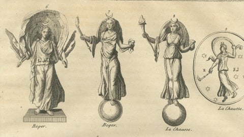 Antique Roman Goddess Statues and Reliefs, Montfaucon Classical Engraving 1721, close-up 2