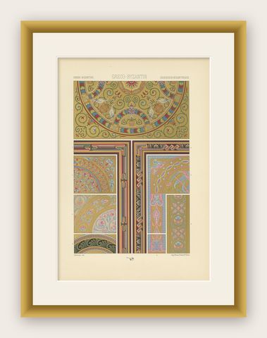Pl. 39 Antique Print of Greek Motifs from Architecture by Racinet, circa 1890, shown framed