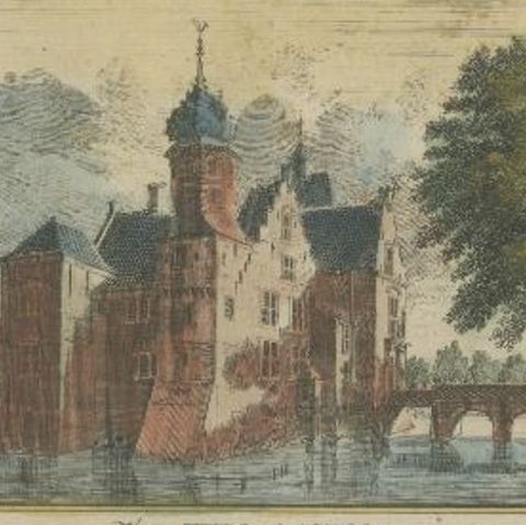 Old Print of Huis Te Nesse, a Castle Near Linschoten, Utrecht, the Netherlands, close-up 2