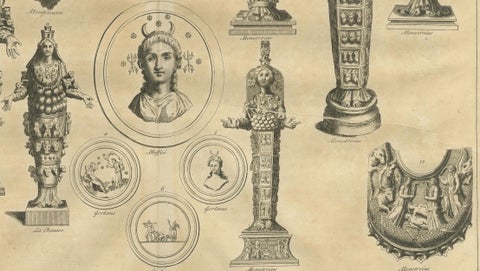 Antique Roman Ephesian Artemis Statues, Montfaucon Classical Engraving 1721, close-up 5