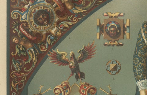 German Renaissance Painted Sculpture Print by Dolmetsch, Ornamentenschatz, 1887, close-up 2