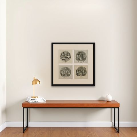 Grand Roman Relief Engravings after Antique Sculpture, Montfaucon 1721, shown framed on a wall, true to size