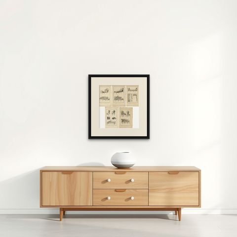 Set of 5 Antique Prints of Various Furniture by Benard 'c.1785', shown framed on a wall, true to size