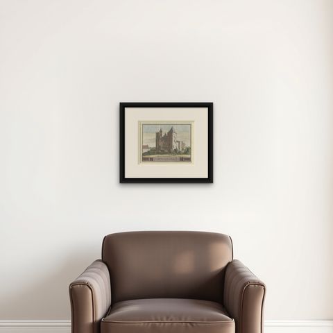 Antique Handcolored Print of Heusden, Castle in the Netherlands, circa 1730, shown framed on a wall, true to size