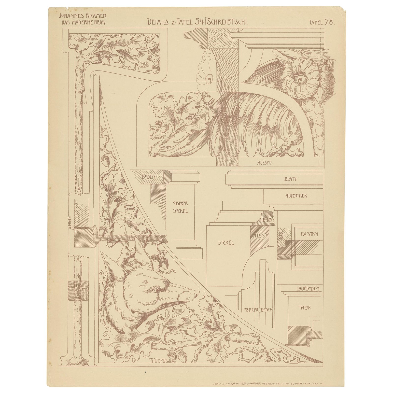 Pl. 78 Antique Print of Furniture Details by Kramer, circa 1910