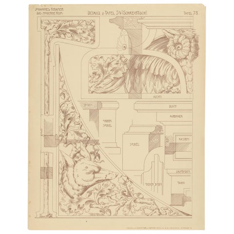Pl. 78 Antique Print of Furniture Details by Kramer, circa 1910