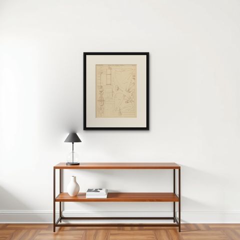 Pl. 75 Antique Print of Furniture Details by Kramer, circa 1910, shown framed on a wall, true to size
